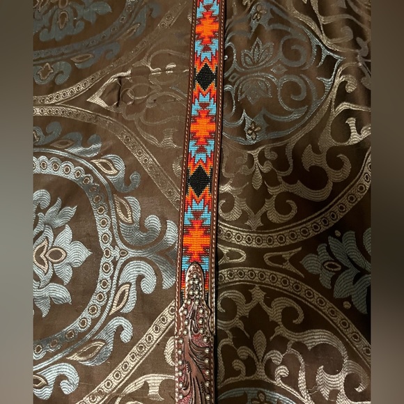 tooled Aztec print beaded leather belt, size 34 - Picture 3 of 3